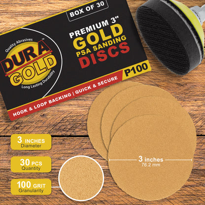 100 Grit - 3" Gold Hook & Loop Sanding Discs for DA Sanders - Box of 40