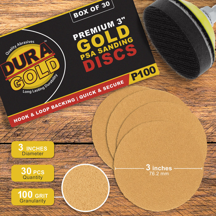 100 Grit - 3" Gold Hook & Loop Sanding Discs for DA Sanders - Box of 40