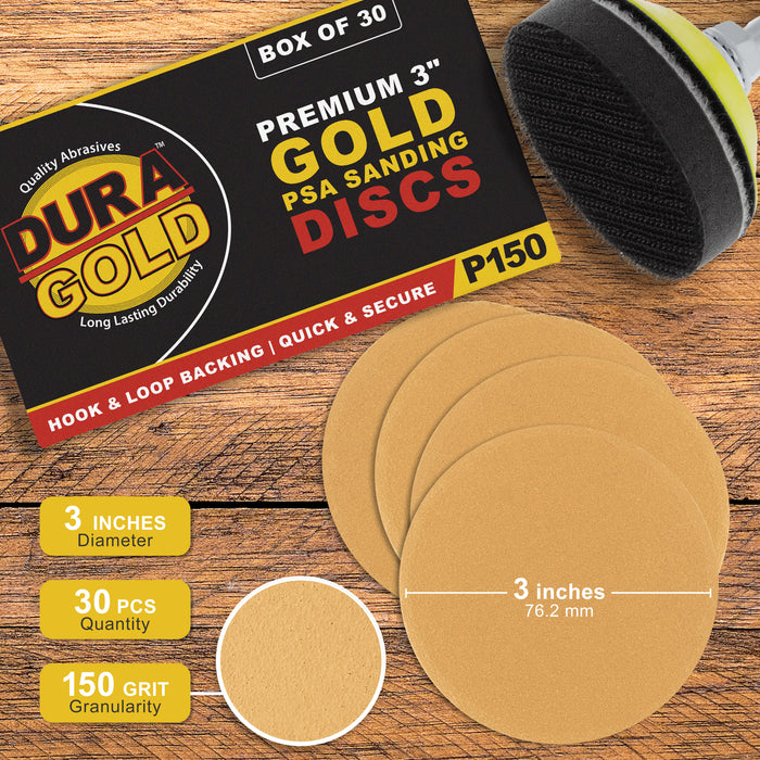 150 Grit - 3" Gold Hook & Loop Sanding Discs for DA Sanders - Box of 30