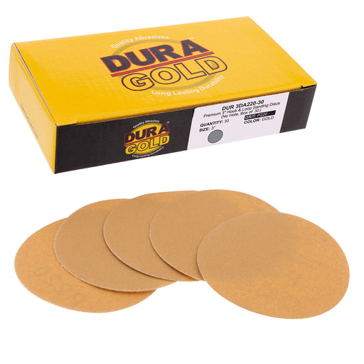 220 Grit - 3" Gold Hook & Loop Sanding Discs for DA Sanders - Box of 30