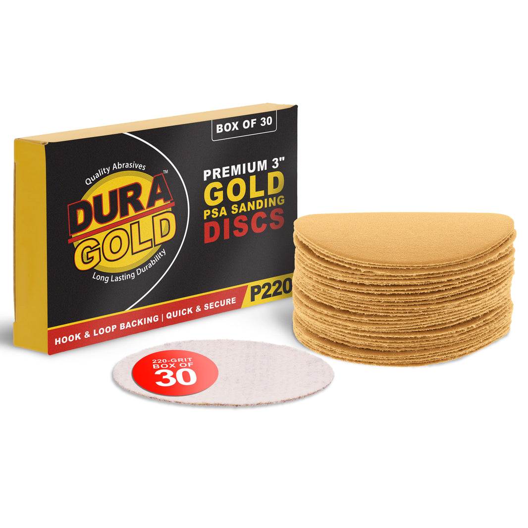 220 Grit - 3" Gold Hook & Loop Sanding Discs for DA Sanders - Box of 30