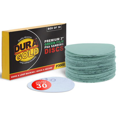 - Premium - 3000 Grit 3" Green Film Hook & Loop Sanding Discs for DA Sanders - Box of 30