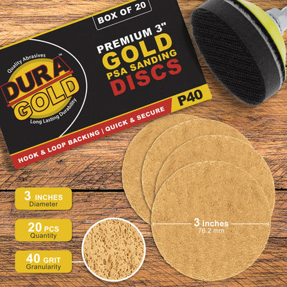 40 Grit - 3" Gold Hook & Loop Sanding Discs for DA Sanders - Box of 20