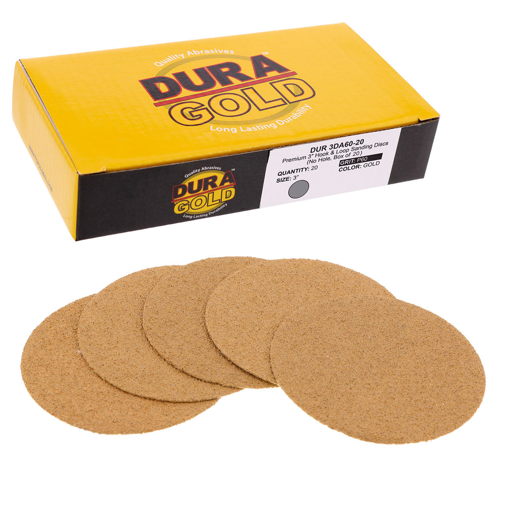 60 Grit - 3" Gold Hook & Loop Sanding Discs for DA Sanders - Box of 20