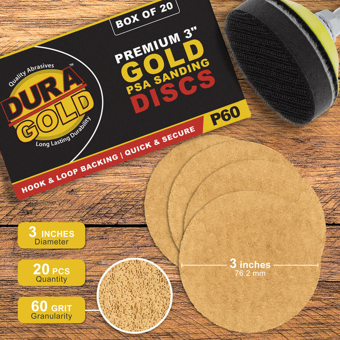 60 Grit - 3" Gold Hook & Loop Sanding Discs for DA Sanders - Box of 20