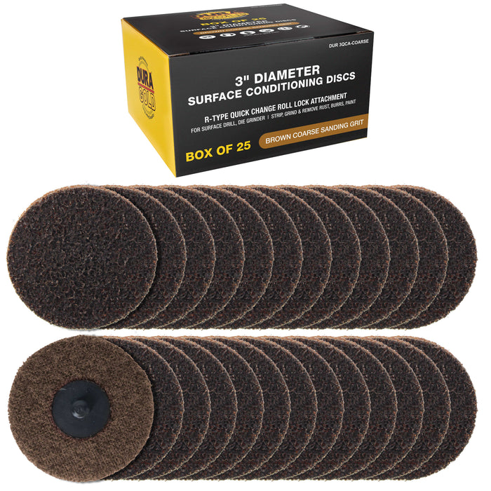 Dura-Gold 3" Diameter Surface Conditioning Discs Brown Coarse Sanding Grit (Box of 25) - R-Type Quick Change Roll Lock Connection