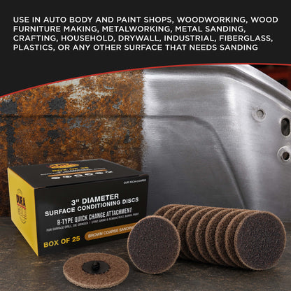 3" Diameter Surface Conditioning Discs Brown Coarse Sanding Grit (Box of 25) - R-Type Quick Change - Surface Drill, Die Grinder, Strip, Grind & Remove Rust, Burrs, Paint