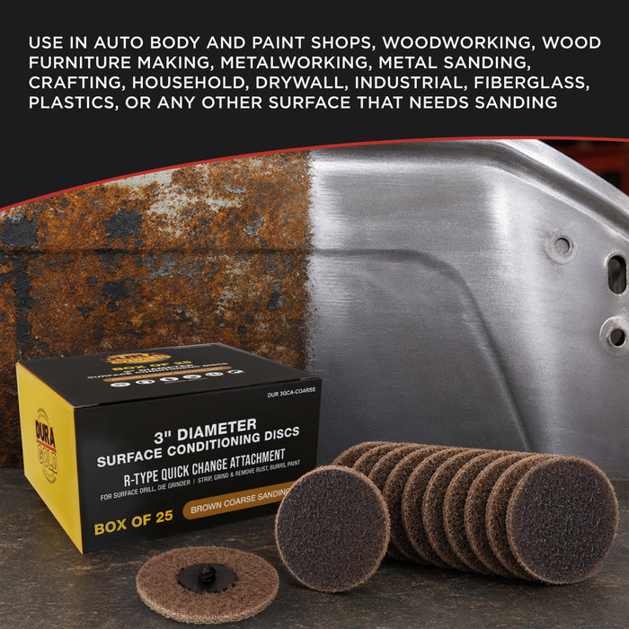 3" Diameter Surface Conditioning Discs Brown Coarse Sanding Grit (Box of 25) - R-Type Quick Change - Surface Drill, Die Grinder, Strip, Grind & Remove Rust, Burrs, Paint