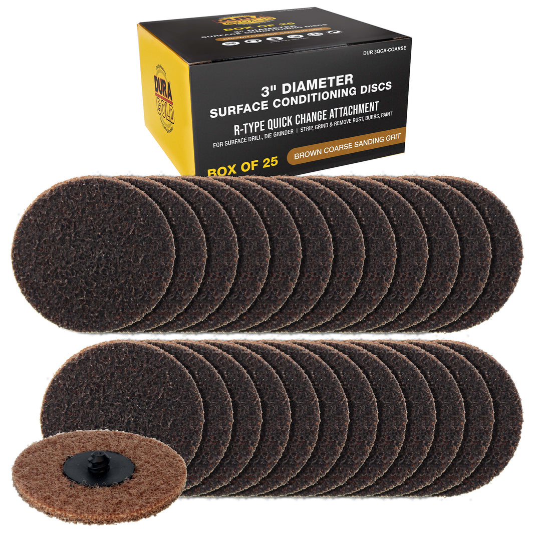 3" Diameter Surface Conditioning Discs Brown Coarse Sanding Grit (Box of 25) - R-Type Quick Change - Surface Drill, Die Grinder, Strip, Grind & Remove Rust, Burrs, Paint