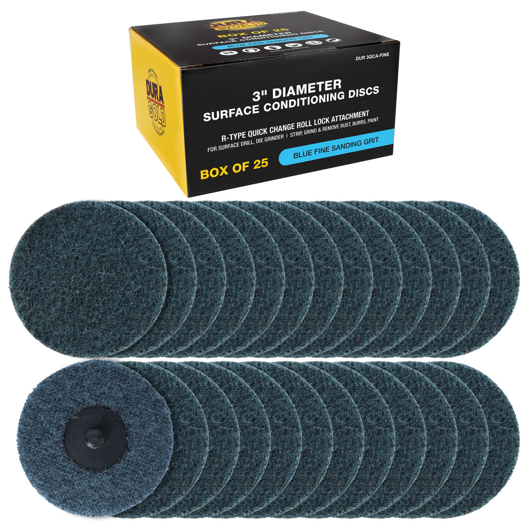 3" Diameter Surface Conditioning Discs Blue Fine Sanding Grit (Box of 25) - R-Type Quick Change - Finishing Prep, Grind Remove Rust, Strip Paint - For Drill, Die Grinder