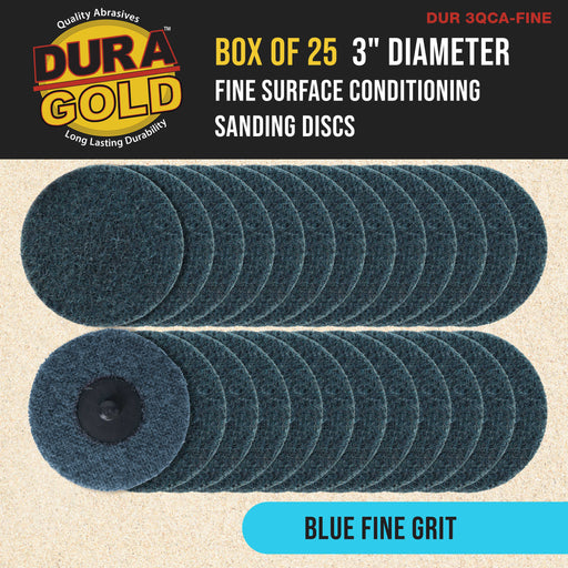 Dura-Gold 3" Diameter Surface Conditioning Discs Blue Fine Sanding Grit (Box of 25) - R-Type Quick Change Roll Lock Connection