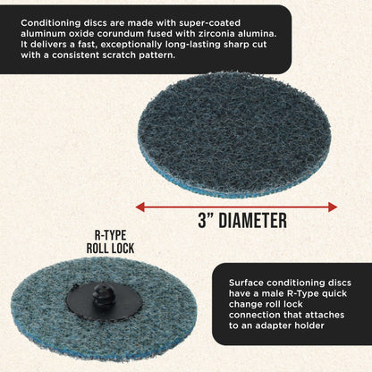 3" Diameter Surface Conditioning Discs Blue Fine Sanding Grit (Box of 25) - R-Type Quick Change - Finishing Prep, Grind Remove Rust, Strip Paint - For Drill, Die Grinder
