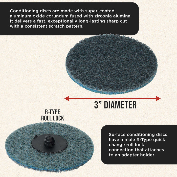 Dura-Gold 3" Diameter Surface Conditioning Discs Blue Fine Sanding Grit (Box of 25) - R-Type Quick Change Roll Lock Connection