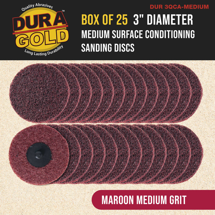 Dura-Gold 3" Diameter Surface Conditioning Discs Maroon Medium Sanding Grit (Box of 25) - R-Type Quick Change Roll Lock Connection