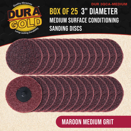 3" Diameter Surface Conditioning Discs Maroon Medium Sanding Grit (Box of 25) - R-Type Quick Change - Surface Prep Grind Remove Rust, Strip Paint, For Drill, Die Grinder