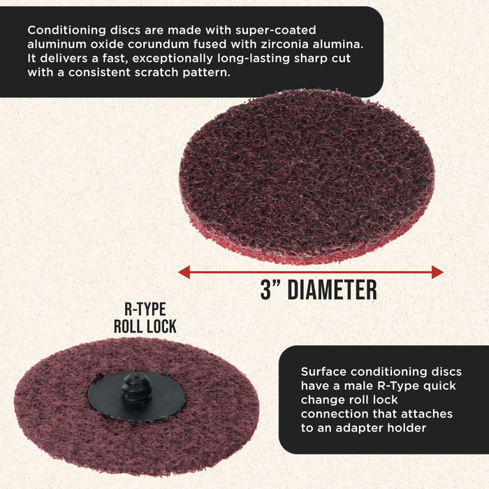 Dura-Gold 3" Diameter Surface Conditioning Discs Maroon Medium Sanding Grit (Box of 25) - R-Type Quick Change Roll Lock Connection