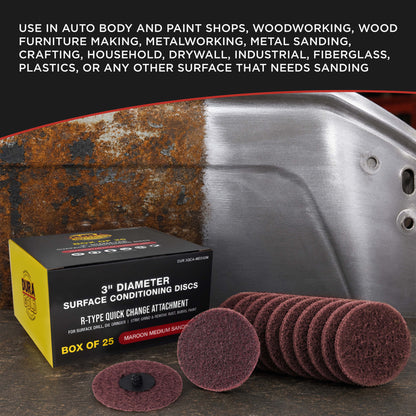3" Diameter Surface Conditioning Discs Maroon Medium Sanding Grit (Box of 25) - R-Type Quick Change - Surface Prep Grind Remove Rust, Strip Paint, For Drill, Die Grinder