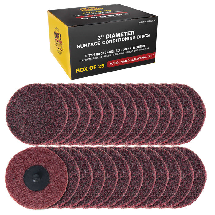 Dura-Gold 3" Diameter Surface Conditioning Discs Maroon Medium Sanding Grit (Box of 25) - R-Type Quick Change Roll Lock Connection