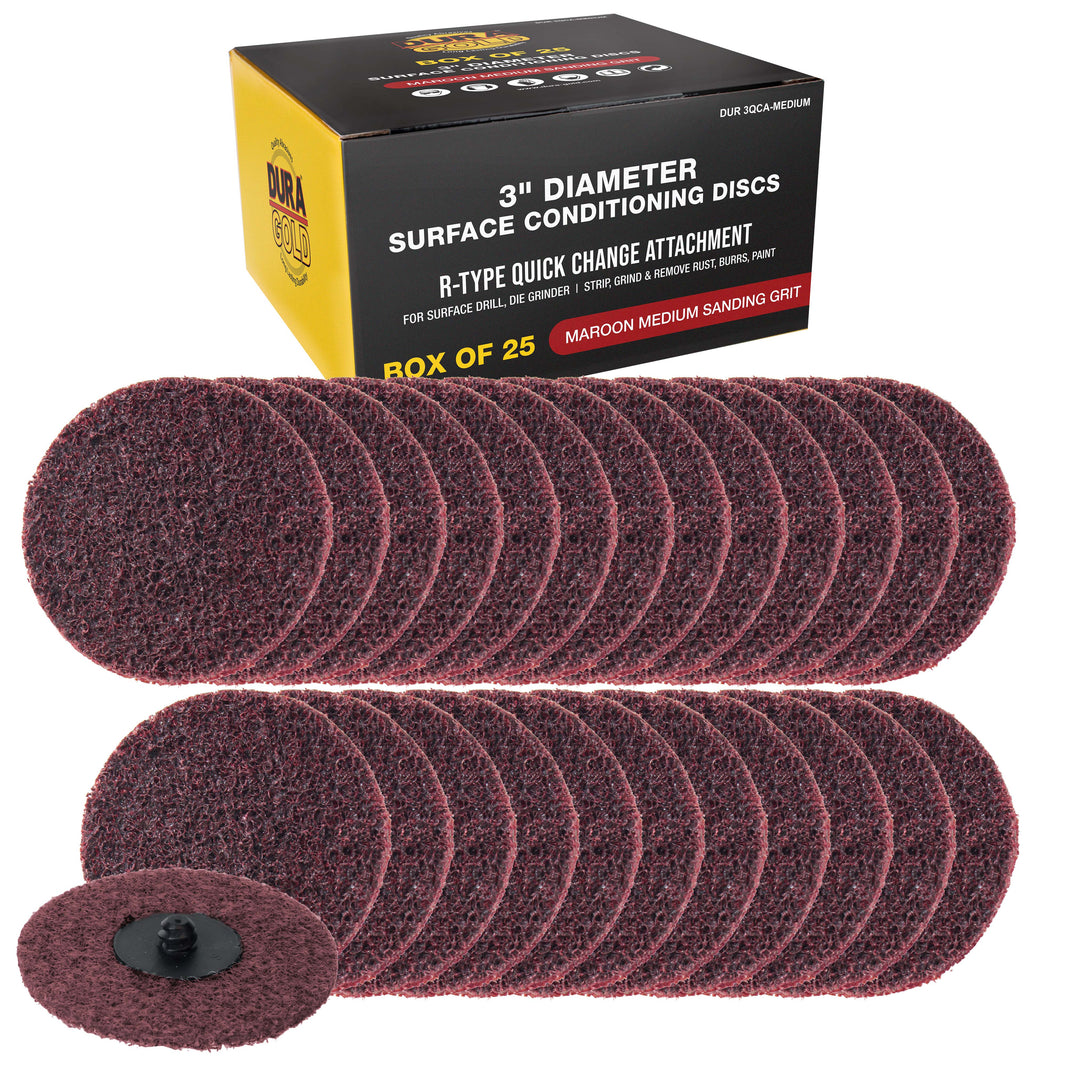 3" Diameter Surface Conditioning Discs Maroon Medium Sanding Grit (Box of 25) - R-Type Quick Change - Surface Prep Grind Remove Rust, Strip Paint, For Drill, Die Grinder