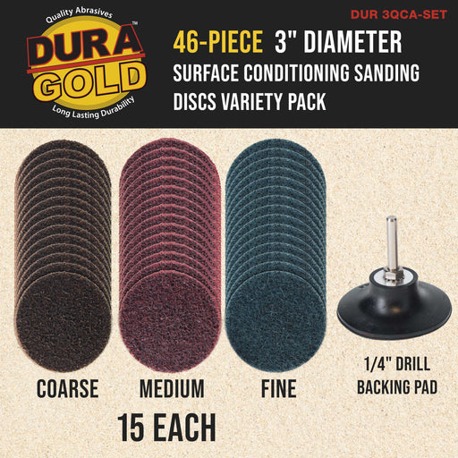 Dura-Gold 46-Piece 3" Diameter Surface Conditioning Sanding Discs Variety Pack - 15 Each Coarse, Medium, Fine Grit Quick Change Roll Lock, 1/4" Drill Backing Pad