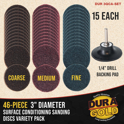 46-Piece 3" Diameter Surface Conditioning Sanding Discs Variety Pack - 15 Each Coarse, Medium, Fine Grit Discs, R-Type Quick Change, 1/4" Drill Shank Backing Pad