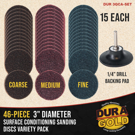 46-Piece 3" Diameter Surface Conditioning Sanding Discs Variety Pack - 15 Each Coarse, Medium, Fine Grit Discs, R-Type Quick Change, 1/4" Drill Shank Backing Pad