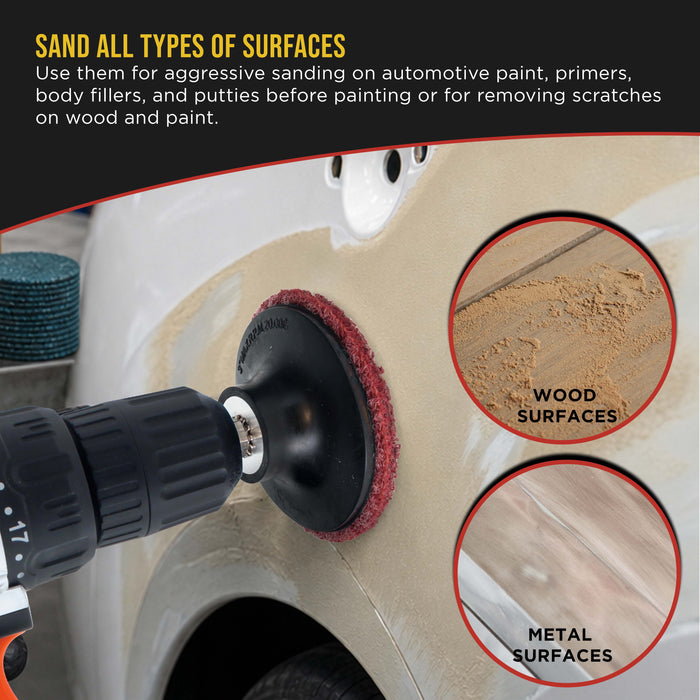 46-Piece 3" Diameter Surface Conditioning Sanding Discs Variety Pack - 15 Each Coarse, Medium, Fine Grit Discs, R-Type Quick Change, 1/4" Drill Shank Backing Pad