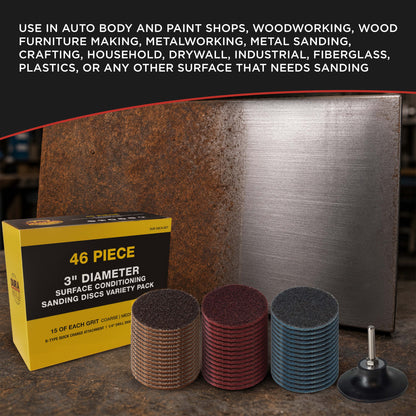46-Piece 3" Diameter Surface Conditioning Sanding Discs Variety Pack - 15 Each Coarse, Medium, Fine Grit Discs, R-Type Quick Change, 1/4" Drill Shank Backing Pad