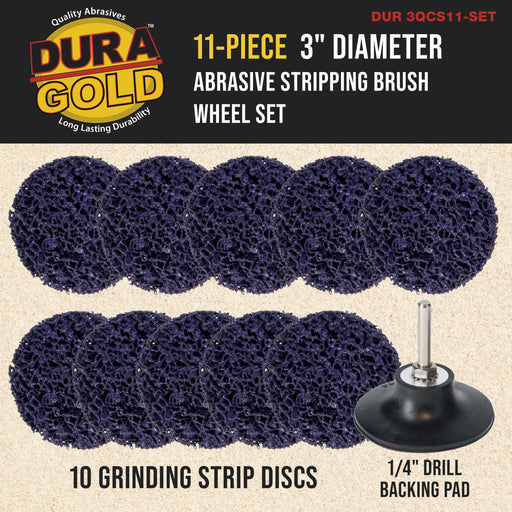 Dura-Gold 11-Piece 3" Diameter Abrasive Stripping Brush Wheel Set - 10 Quick Change Discs with Roll Lock Connection, 1/4" Drill Backing Pad