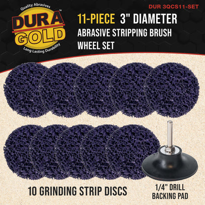 11-Piece 3" Diameter Abrasive Stripping Brush Wheel Set - 10 Each Quick Change Grinding Strip Discs, 1/4" Drill Shank Backing Pad - Remove Rust, Welds, Burrs, Paint