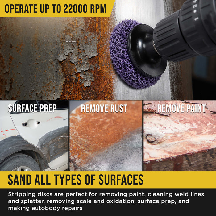 11-Piece 3" Diameter Abrasive Stripping Brush Wheel Set - 10 Each Quick Change Grinding Strip Discs, 1/4" Drill Shank Backing Pad - Remove Rust, Welds, Burrs, Paint