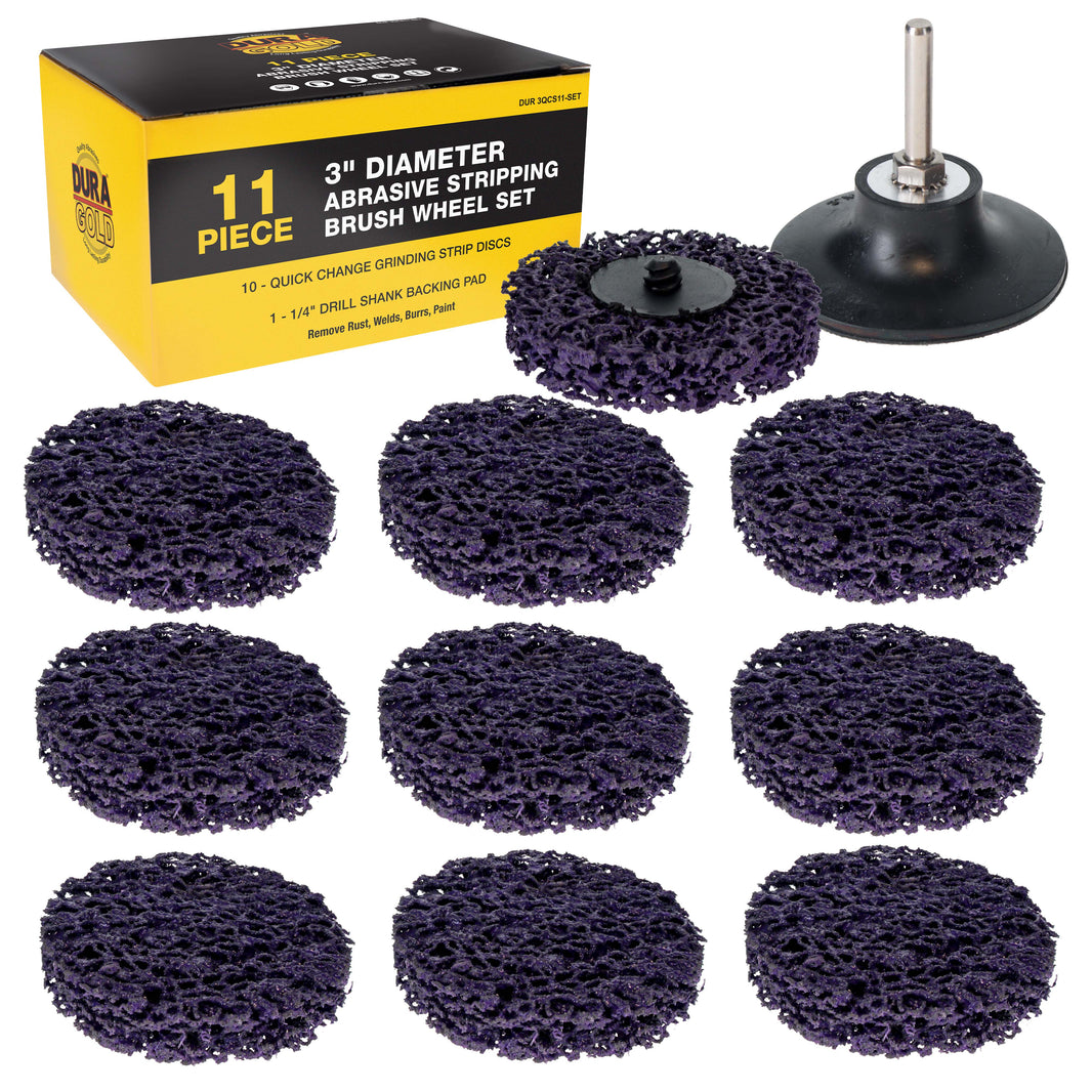 11-Piece 3" Diameter Abrasive Stripping Brush Wheel Set - 10 Each Quick Change Grinding Strip Discs, 1/4" Drill Shank Backing Pad - Remove Rust, Welds, Burrs, Paint