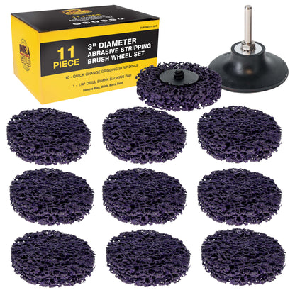 11-Piece 3" Diameter Abrasive Stripping Brush Wheel Set - 10 Each Quick Change Grinding Strip Discs, 1/4" Drill Shank Backing Pad - Remove Rust, Welds, Burrs, Paint
