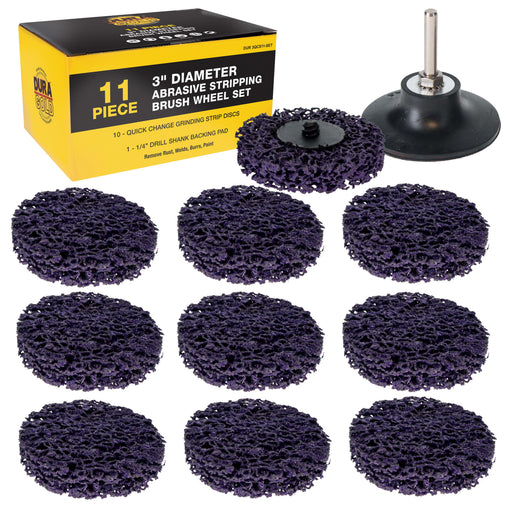 11-Piece 3" Diameter Abrasive Stripping Brush Wheel Set - 10 Each Quick Change Grinding Strip Discs, 1/4" Drill Shank Backing Pad - Remove Rust, Welds, Burrs, Paint
