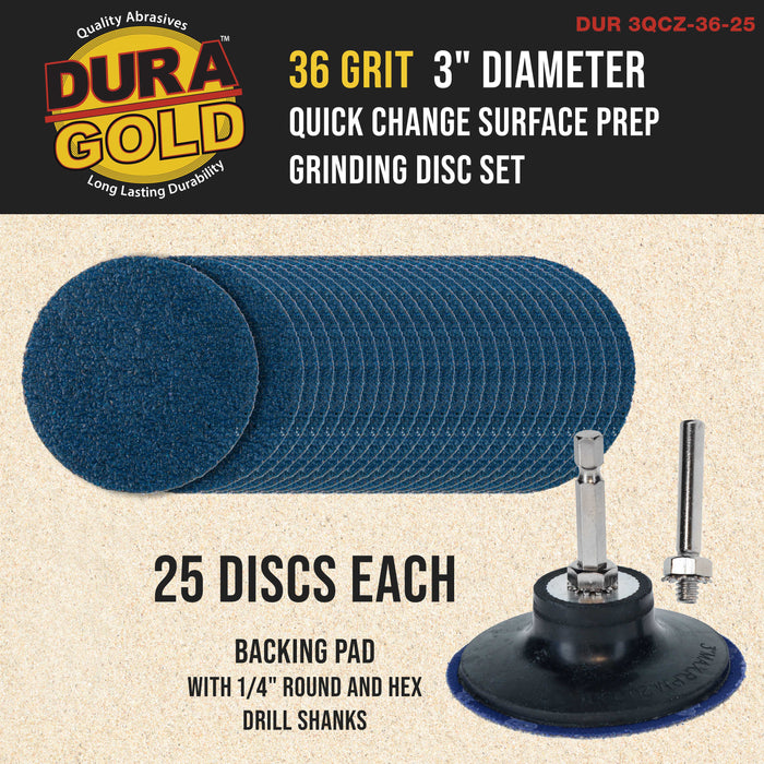 Dura-Gold 3" 36 Grit Quick Change Zirconia Coarse Cut Grinding Disc Set, 25 Discs & Backing Pad - R-Type Roll Lock Sandpaper Discs
