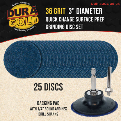 3 Inch Grinding Discs, 36 Grit (25 Disc Set) with R-Type Adapter & Backing Pad - Quick Change Zirconia Coarse Cut Sanding Discs for Auto, Wood, Metal, Rust, Oxidation, Welds