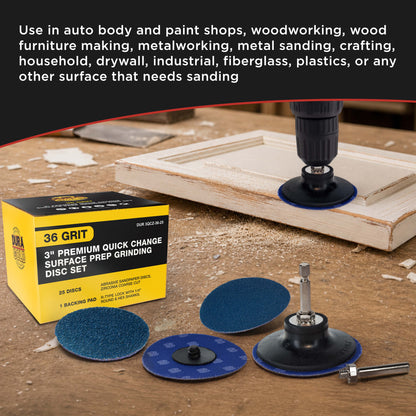 3 Inch Grinding Discs, 36 Grit (25 Disc Set) with R-Type Adapter & Backing Pad - Quick Change Zirconia Coarse Cut Sanding Discs for Auto, Wood, Metal, Rust, Oxidation, Welds