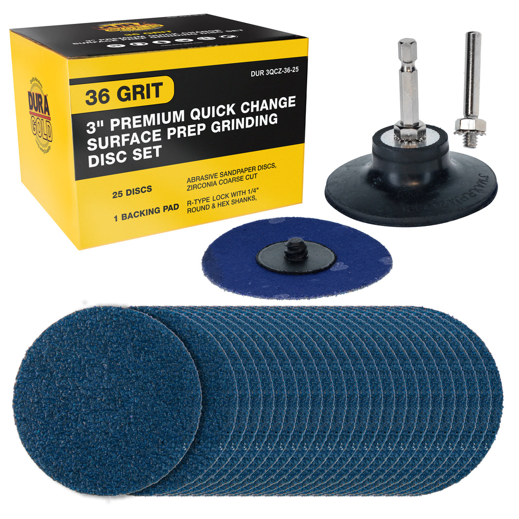3 Inch Grinding Discs, 36 Grit (25 Disc Set) with R-Type Adapter & Backing Pad - Quick Change Zirconia Coarse Cut Sanding Discs for Auto, Wood, Metal, Rust, Oxidation, Welds