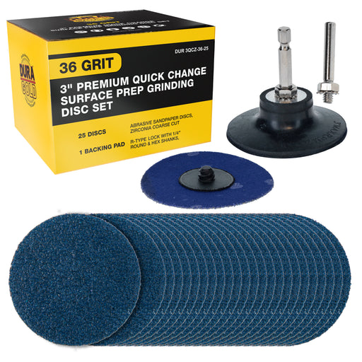 3 Inch Grinding Discs, 36 Grit (25 Disc Set) with R-Type Adapter & Backing Pad - Quick Change Zirconia Coarse Cut Sanding Discs for Auto, Wood, Metal, Rust, Oxidation, Welds