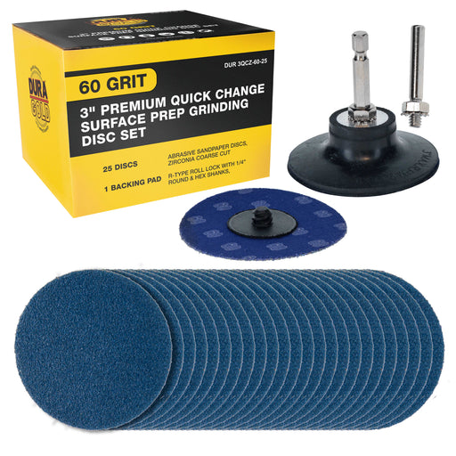 Dura-Gold 3" 60 Grit Quick Change Zirconia Coarse Cut Grinding Disc Set, 25 Discs & Backing Pad - R-Type Roll Lock Sandpaper Discs