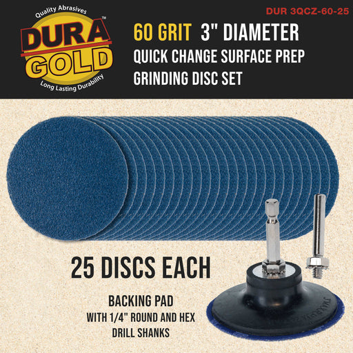 Dura-Gold 3" 60 Grit Quick Change Zirconia Coarse Cut Grinding Disc Set, 25 Discs & Backing Pad - R-Type Roll Lock Sandpaper Discs