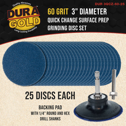 3 Inch Grinding Discs, 60 Grit (25 Disc Set) with R-Type Adapter & Backing Pad - Quick Change Zirconia Coarse Cut Sanding Discs for Auto, Wood, Metal, Rust, Oxidation, Welds