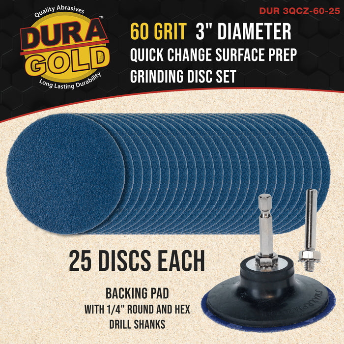 3 Inch Grinding Discs, 60 Grit (25 Disc Set) with R-Type Adapter & Backing Pad - Quick Change Zirconia Coarse Cut Sanding Discs for Auto, Wood, Metal, Rust, Oxidation, Welds