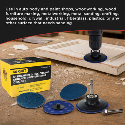 3 Inch Grinding Discs, 60 Grit (25 Disc Set) with R-Type Adapter & Backing Pad - Quick Change Zirconia Coarse Cut Sanding Discs for Auto, Wood, Metal, Rust, Oxidation, Welds