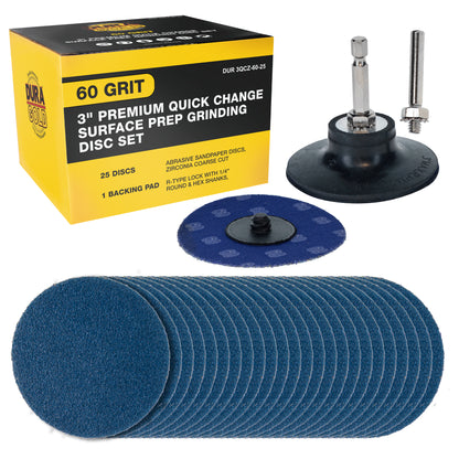3 Inch Grinding Discs, 60 Grit (25 Disc Set) with R-Type Adapter & Backing Pad - Quick Change Zirconia Coarse Cut Sanding Discs for Auto, Wood, Metal, Rust, Oxidation, Welds