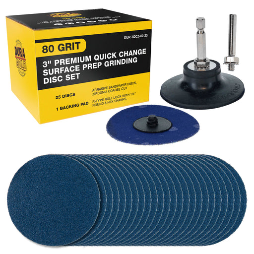 Dura-Gold 3" 80 Grit Quick Change Zirconia Coarse Cut Grinding Disc Set, 25 Discs & Backing Pad - R-Type Roll Lock Sandpaper Discs