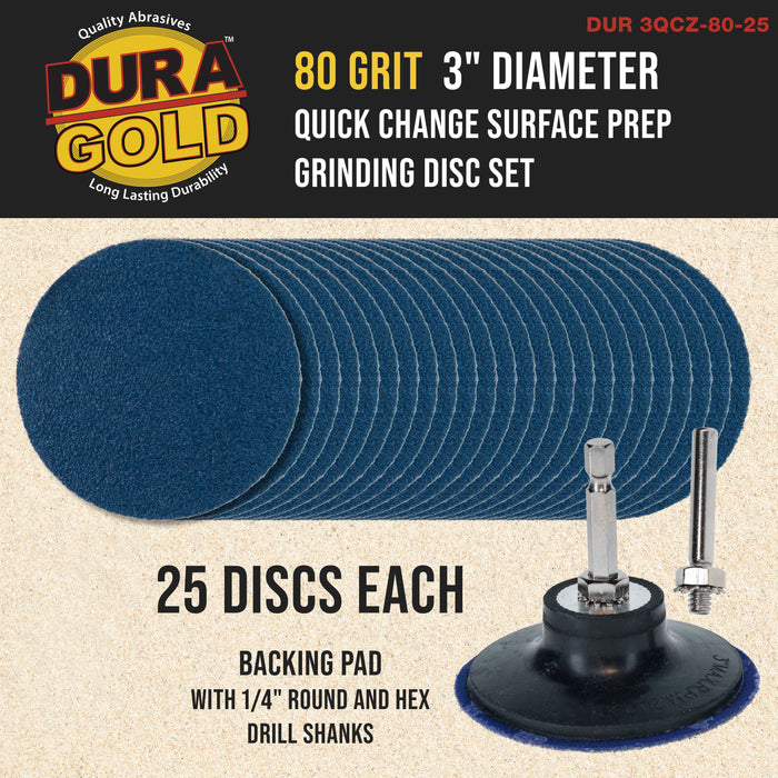 Dura-Gold 3" 80 Grit Quick Change Zirconia Coarse Cut Grinding Disc Set, 25 Discs & Backing Pad - R-Type Roll Lock Sandpaper Discs