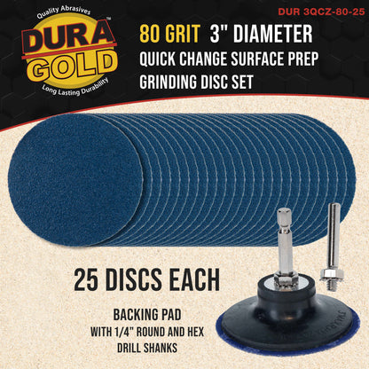 3 Inch Grinding Discs, 80 Grit (25 Disc Set) with R-Type Adapter & Backing Pad - Quick Change Zirconia Coarse Cut Sanding Discs for Auto, Wood, Metal, Rust, Oxidation, Welds