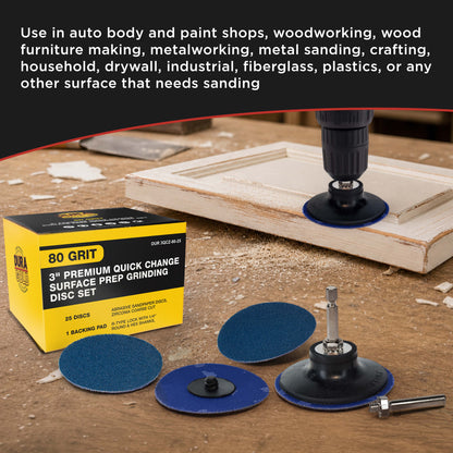 3 Inch Grinding Discs, 80 Grit (25 Disc Set) with R-Type Adapter & Backing Pad - Quick Change Zirconia Coarse Cut Sanding Discs for Auto, Wood, Metal, Rust, Oxidation, Welds
