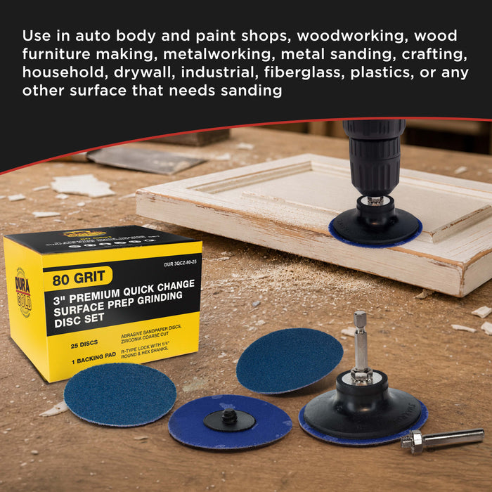 3 Inch Grinding Discs, 80 Grit (25 Disc Set) with R-Type Adapter & Backing Pad - Quick Change Zirconia Coarse Cut Sanding Discs for Auto, Wood, Metal, Rust, Oxidation, Welds